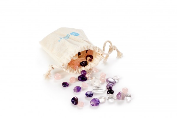 image of bag form which spill forth water enhancing gemstones of rose quartx, green aventurine and clear quartz rock crystal