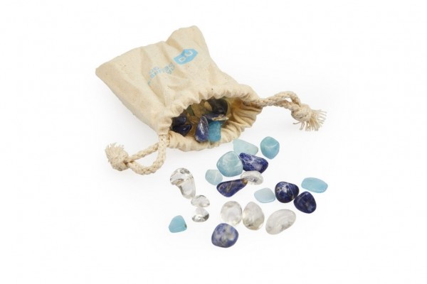 image of bag form which spill forth water enhancing gemstones of Aquamarine, Sodalite and clear quartz rock crystal