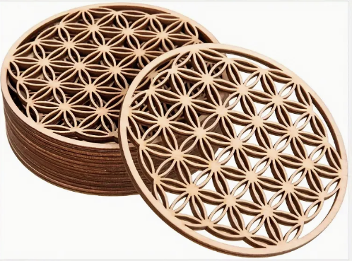 Wood coaster cut out flower of life with white upper finish